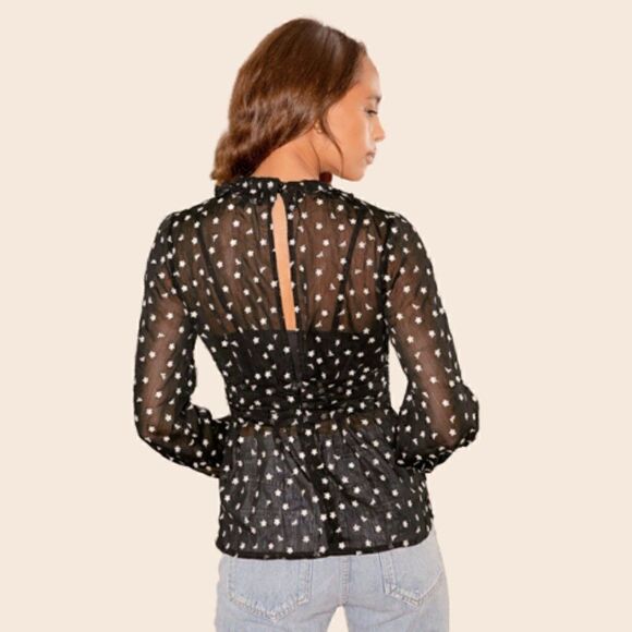 Zara Black & White Floral Embroidered Sheer High Neck Long Sleeve Top Size XS - Picture 4 of 13